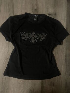 Refuge Black Rhinestone Detail Short Mesh Sleeve Tee